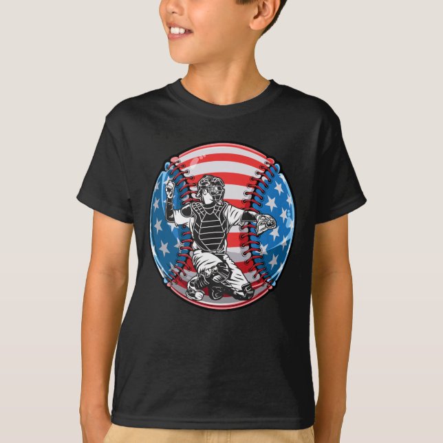 4th of July Baseball Player USA Softball Catcher T-Shirt (Front)