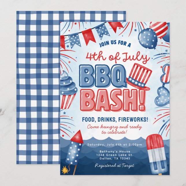 4th of July BBQ Bash Birthday Invitation Card (Front/Back)