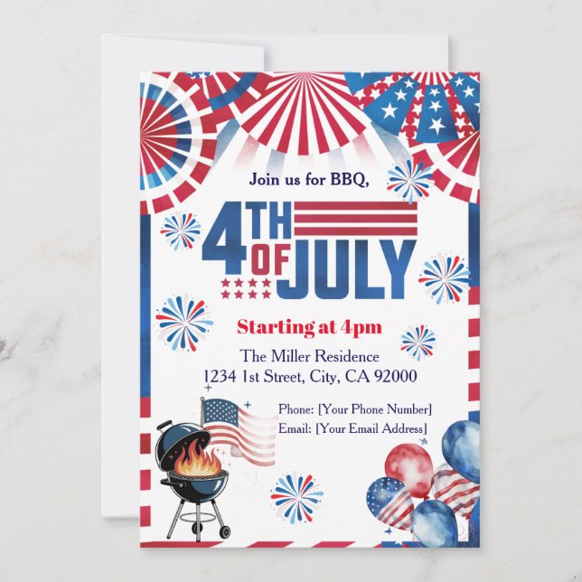 4th Of July BBQ Invitation, Party In USA Invite (Front)