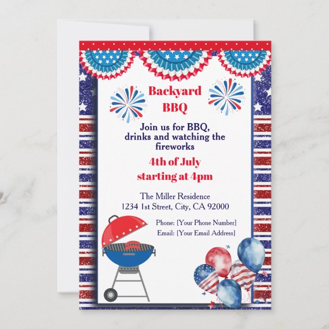 4th Of July BBQ Invitation, Party In USA Invite (Front)