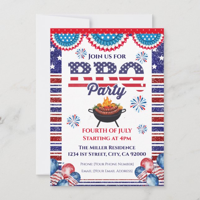 4th Of July BBQ Invitation, Party In USA Invite (Front)