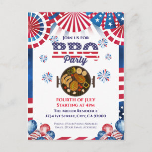 4th Of July BBQ Invitation, Party In USA Invite Postcard
