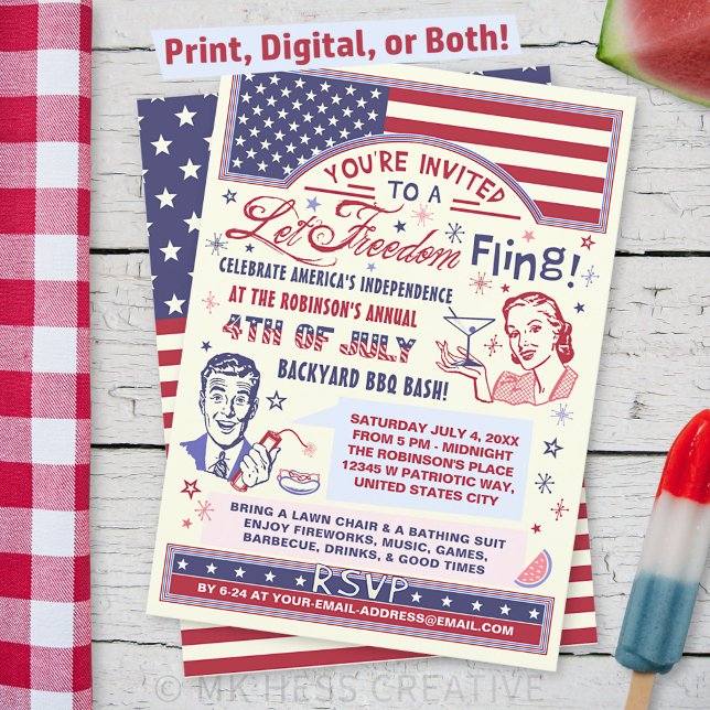 4th of July BBQ Party | Retro Freedom Fling Humour Invitation (Creator Uploaded)