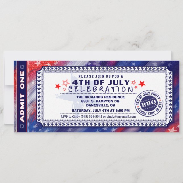 4th of July BBQ Party Ticket Invitation (Front)