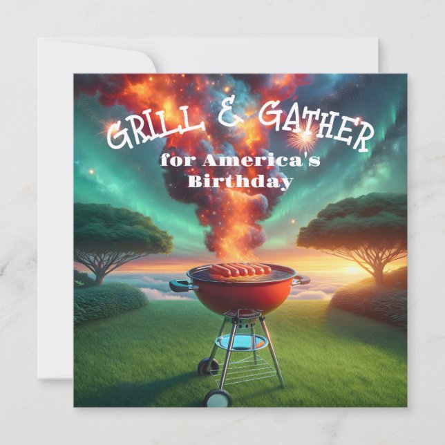 4th of July BBQ Party With Grill and Fireworks Invitation (Front)