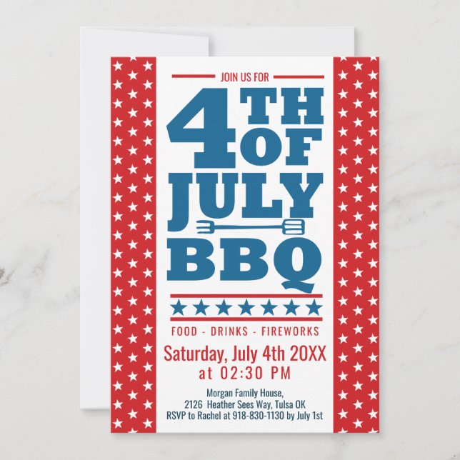 4th of July BBQ Red Blue White Stars Party Invitation (Front)