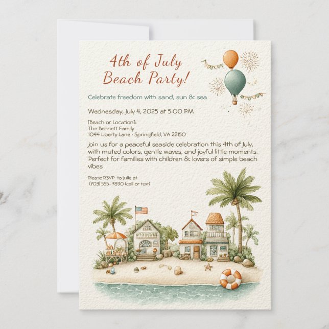 4th of July Beach Party Invitation – Soft Line Art (Front)