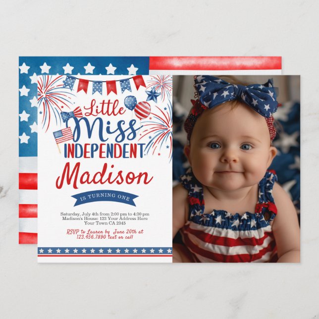 4th of July Birthday, Little Miss Independent Invitation (Front/Back)