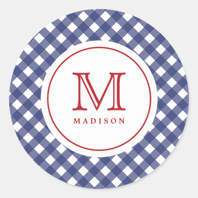 4th Of July Blue Checks Red Monogram Party Sticker (Front)