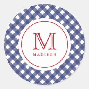 4th Of July Blue Checks Red Monogram Party Sticker