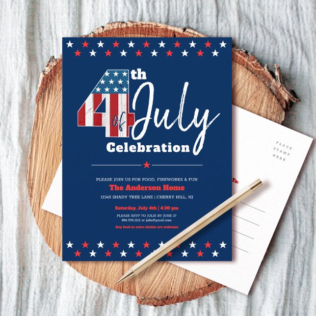 4th of July Bold Modern Rustic Wood USA Flag Invitation Postcard (Creator Uploaded)