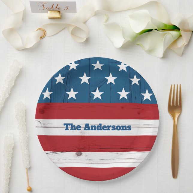 4th of July Bold Stars Stripes Flag Rustic Wood Paper Plate (Wedding)