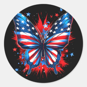 4th Of July Butterfly Usa Flag Cute American Women Classic Round Sticker