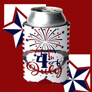 4th Of July Calligraphy Firecracker Stars & Stripe Can Cooler