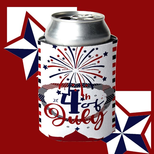 4th Of July Calligraphy Firecracker Stars & Stripe Can Cooler (4th Of July Calligraphy Firecracker Stars & Stripe Can Cooler)