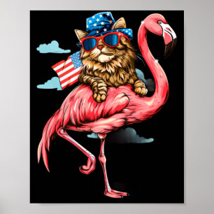 4th Of July Cat Flamingo Aamerican Flag Patriotic Poster