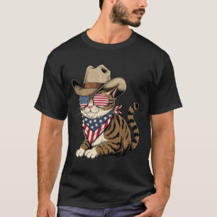 4th Of July Cat For Cowboy Lover Usa American Flag T-Shirt