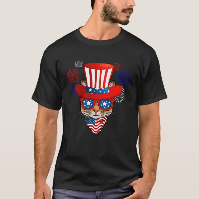 4th of July cat for women cat men kids American fl T-Shirt (Front)