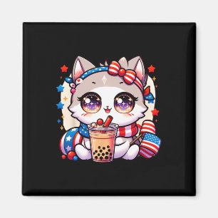 4th Of July Cat Shirt Girls Kawaii Anime Boba Tea Magnet
