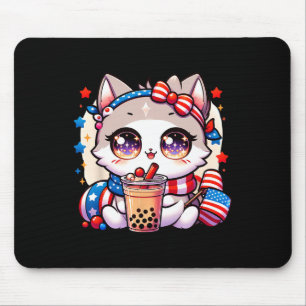 4th Of July Cat Shirt Girls Kawaii Anime Boba Tea Mouse Pad