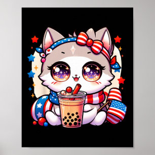 4th Of July Cat Shirt Girls Kawaii Anime Boba Tea  Poster