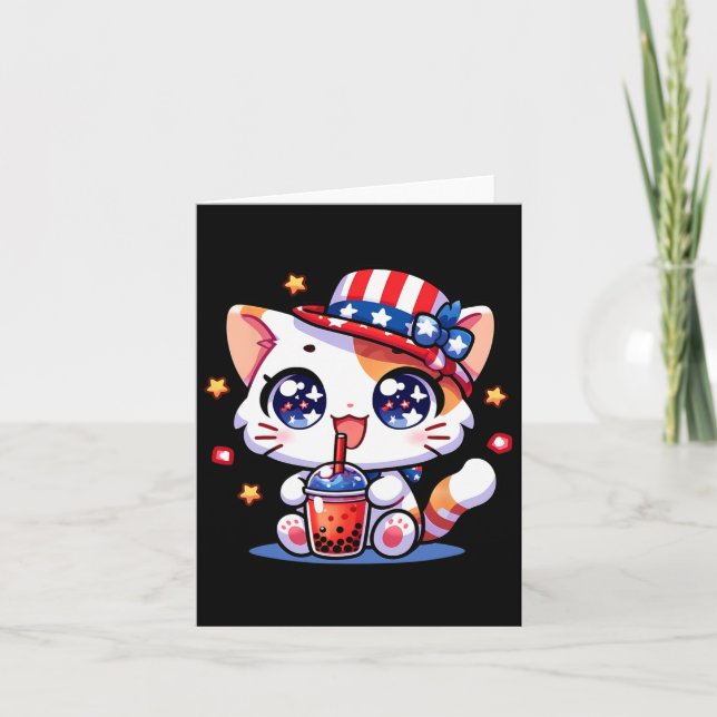 4th Of July Cat Shirt Girls Kids Kawaii Anime Boba Card (Front)