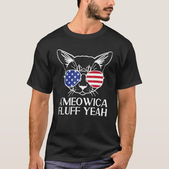 4th of July Cat US Flag Sunglasses Ameowica Fluff  T-Shirt (Front)