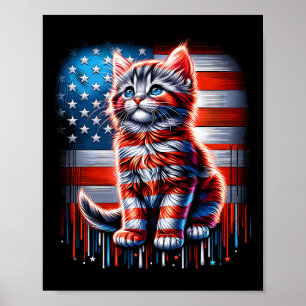 4th Of July Cat Usa Flag Cute Kitten Memorial Day  Poster
