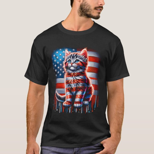 4th Of July Cat Usa Flag Cute Kitten Memorial Day  T-Shirt (Front)