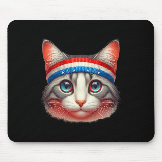 4th Of July Cat Wearing A Red White And Blue Headb Mouse Pad (Front)