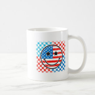 4th Of July Checkered Smile Face Red White Blue Us Coffee Mug