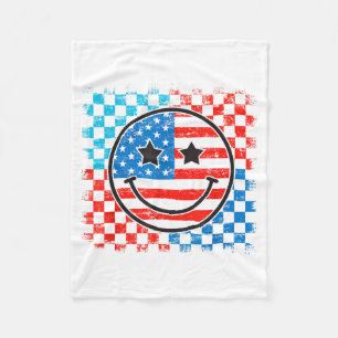 4th Of July Checkered Smile Face Red White Blue Us Fleece Blanket