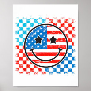 4th Of July Checkered Smile Face Red White Blue Us Poster