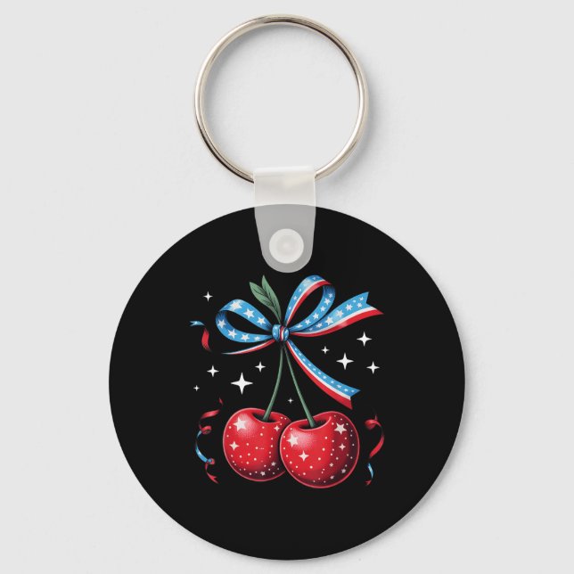 4th Of July Cherries Coquette Bow Patriotic Cherry Key Ring (Front)