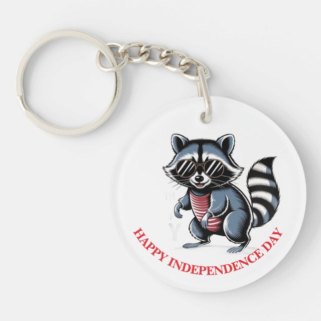 "4th of July" Cool Racoon Patriotic Key Ring (Front)
