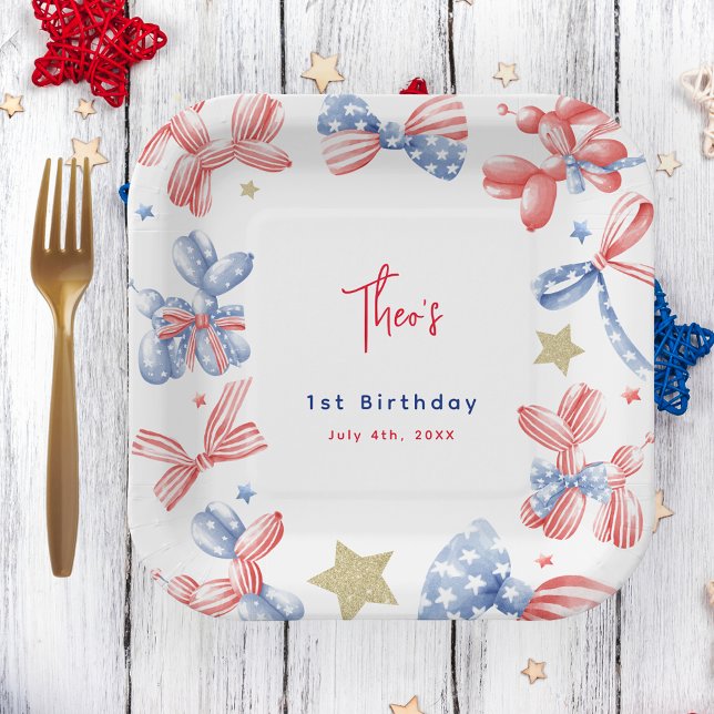 4th of July Cute Balloon Bow 1st Birthday Party Paper Plate (Creator Uploaded)
