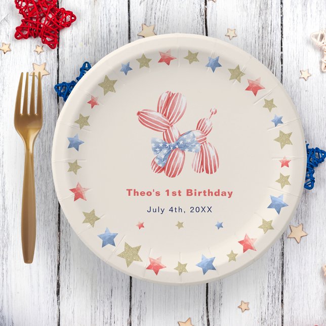 4th of July Cute Balloon Star 1st Birthday Party Paper Plate (Creator Uploaded)