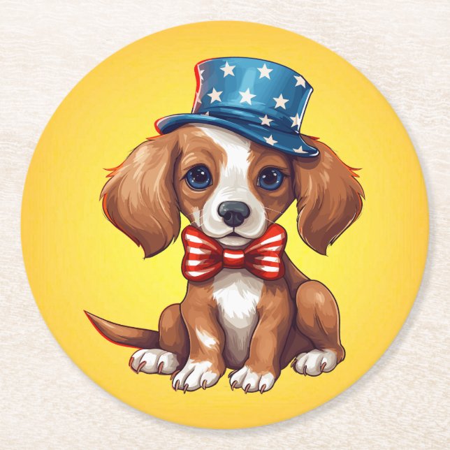 4th Of July Cute Puppy Dog-71008 Round Paper Coaster (Front)