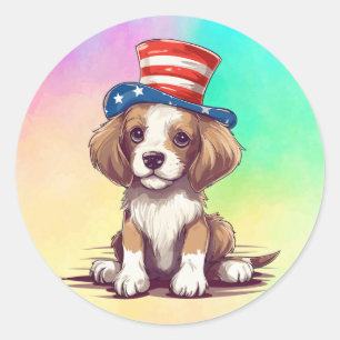 4th of July Cute Puppy Dog with Hat-54676 Classic Round Sticker