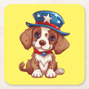 4th of July Cute Puppy With American Hat-71009 Square Paper Coaster