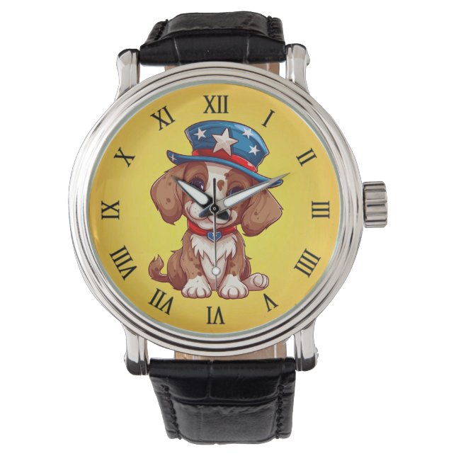 4th of July Cute Puppy With American Hat-71009 Watch (Front)