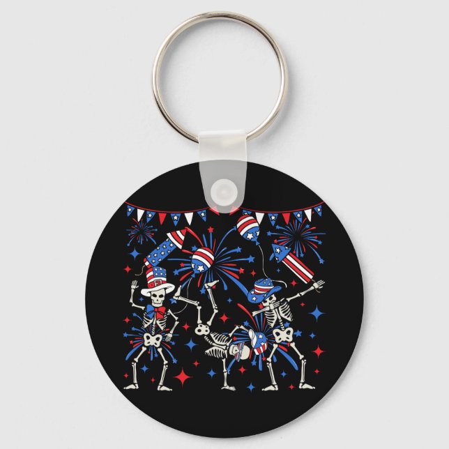 4th Of July Dancing Skeletons Circle Key Ring (Front)