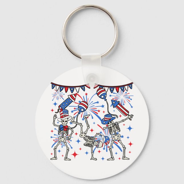 4th Of July Dancing Skeletons Circle Key Ring (Front)