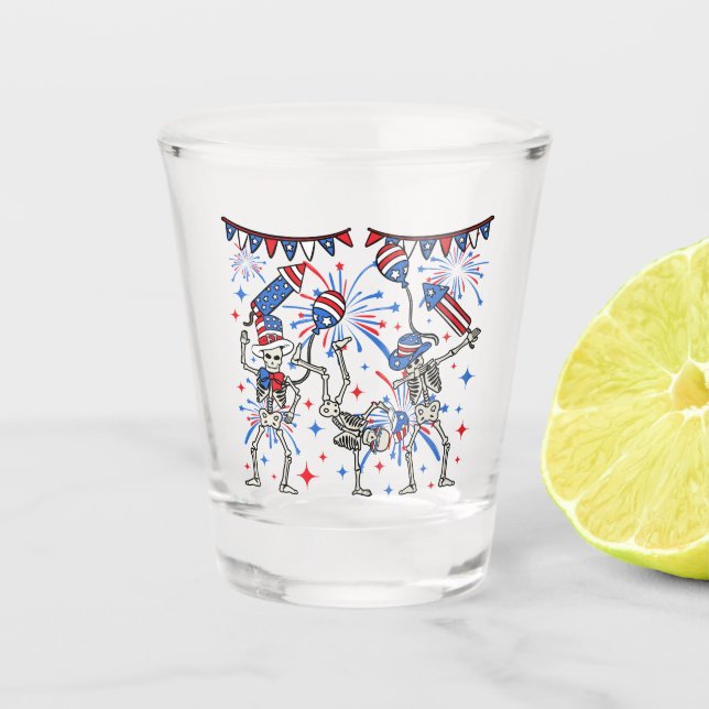 4th Of July Dancing Skeletons Shot Glass (Front)