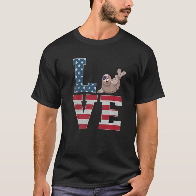 4th Of July Decor Patriotic Love Sea Lion American T-Shirt (Front)