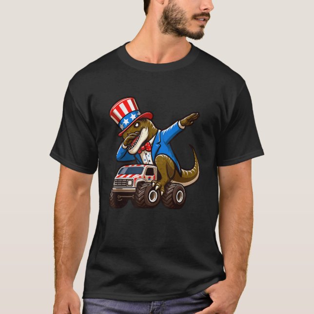 4th Of July Dinosaur Monster Truck American Flag P T-Shirt (Front)