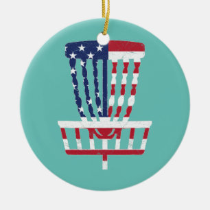 4th of July Disc Golf Basket American USA flag Ceramic Ornament
