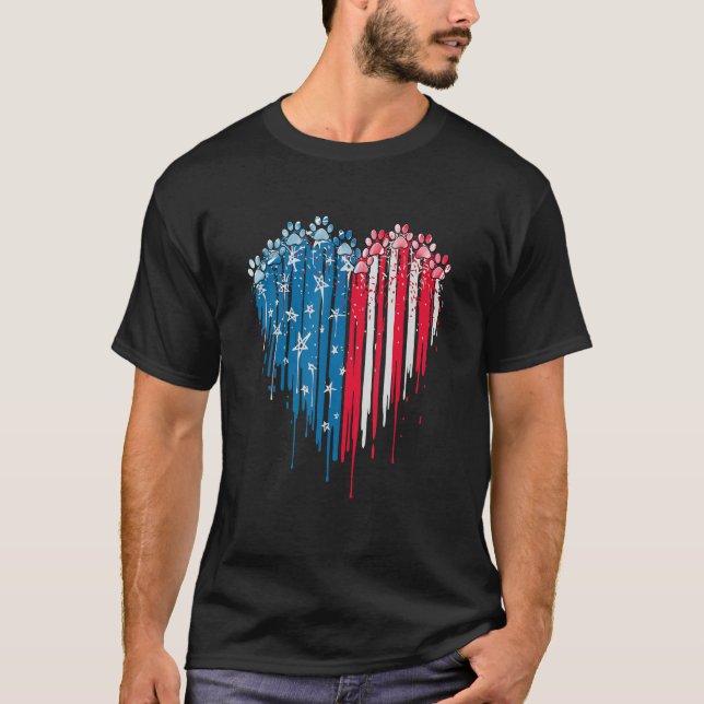4th Of July Dog Paw Heart American Flag T-Shirt (Front)
