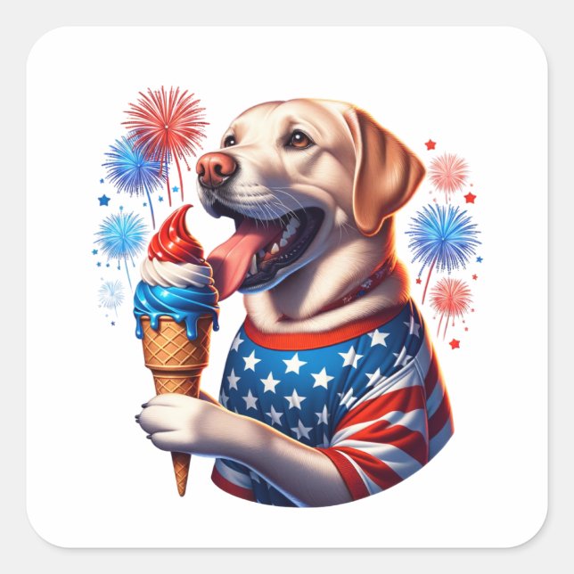 4th of July Dog with Ice Cream Cone Square Sticker (Front)