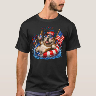 4Th Of July English Bulldog Dog On Float Usa Flag T-Shirt